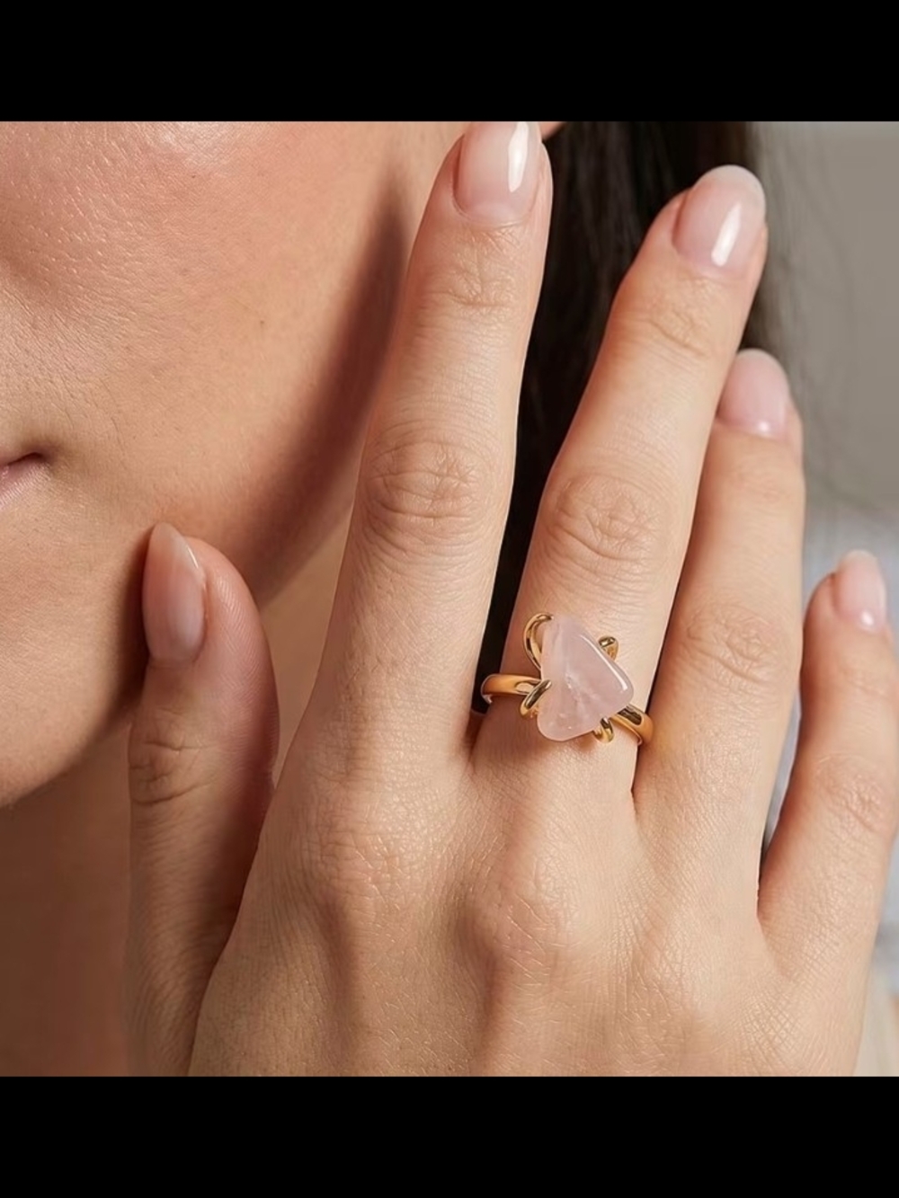 Gold Ring with Pink Rose Quartz Stone - Women's Jewelry